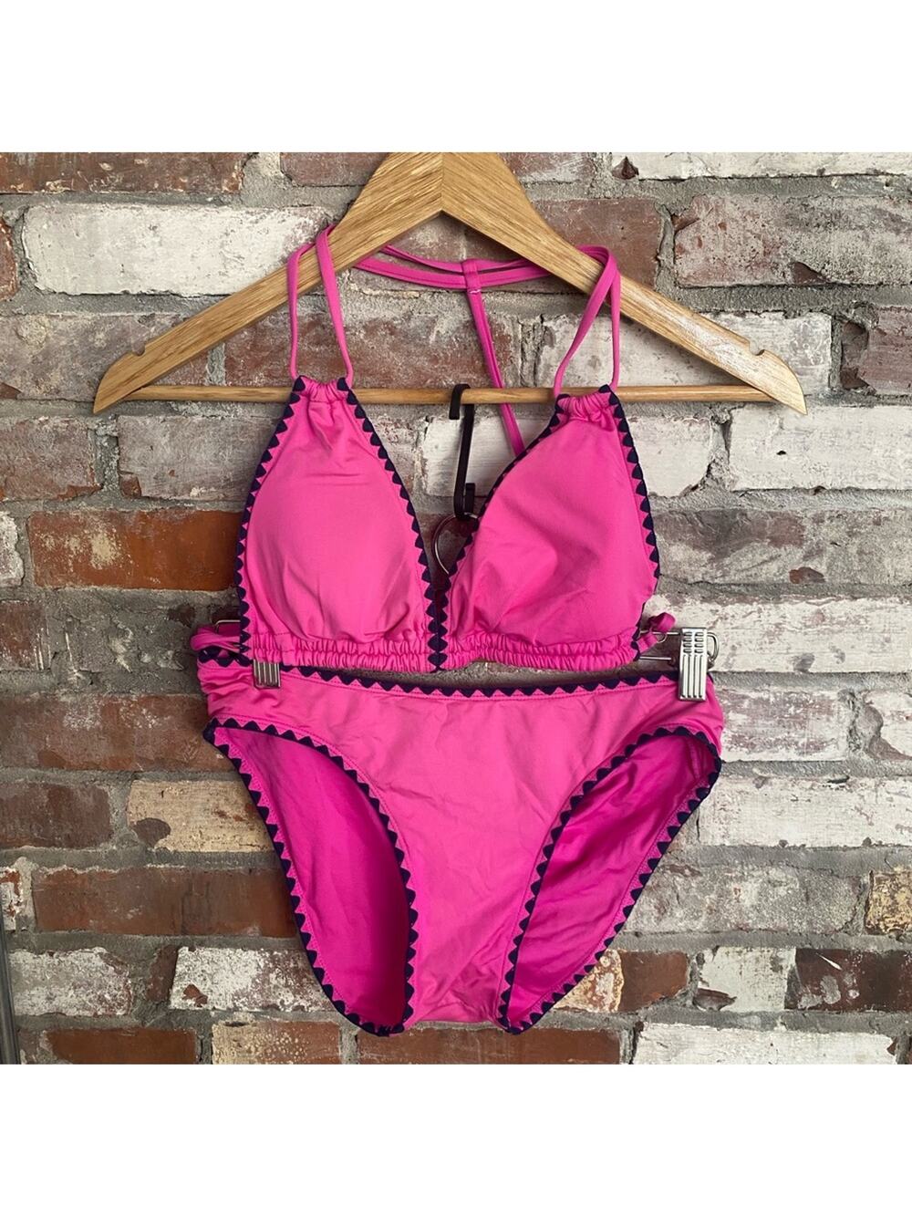 Lucky Brand 2 Piece Swimsuit Medium Pink Bikini Top & Hipster Bottom Embroidered
